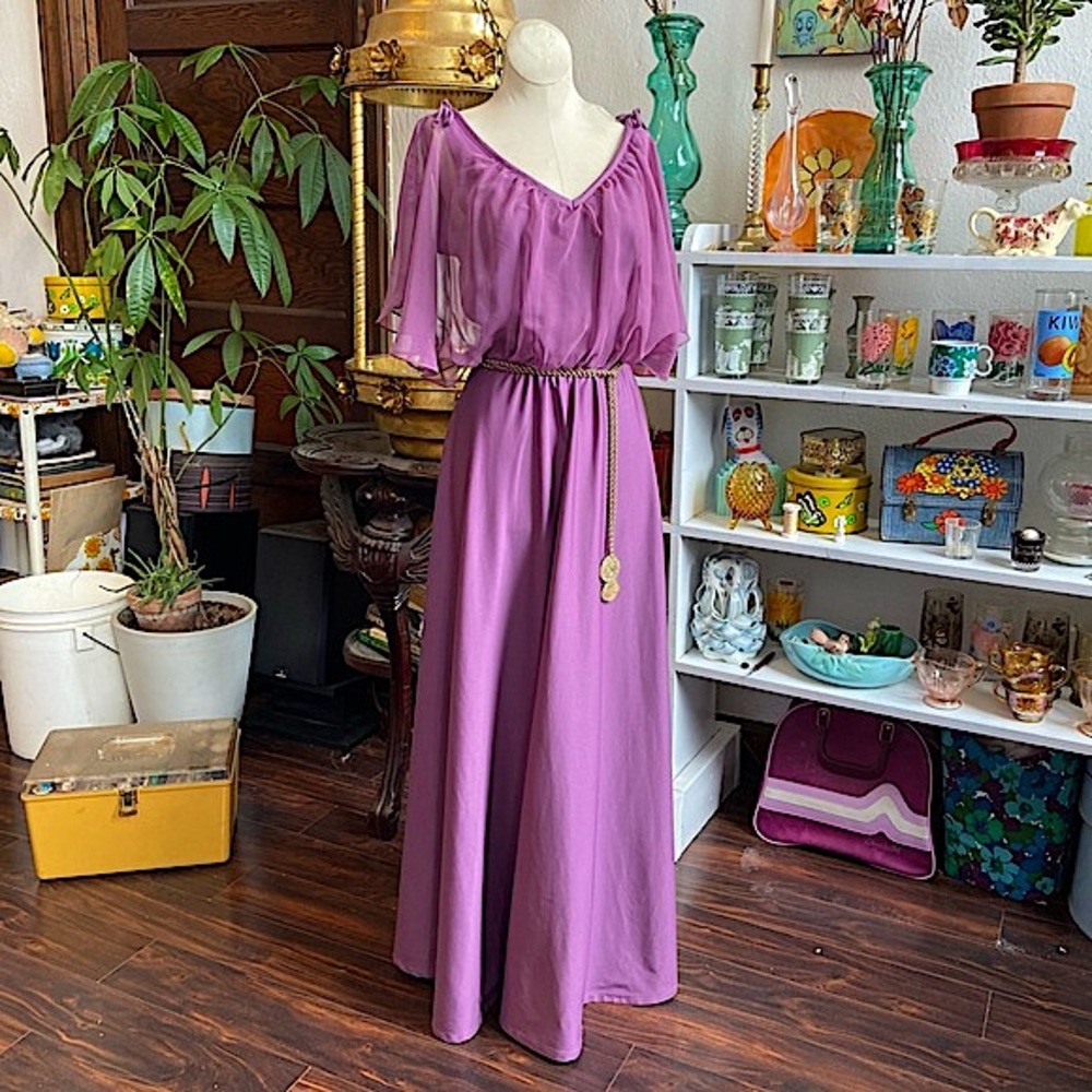 1970s Grecian Lavender Flutter Maxi Dress